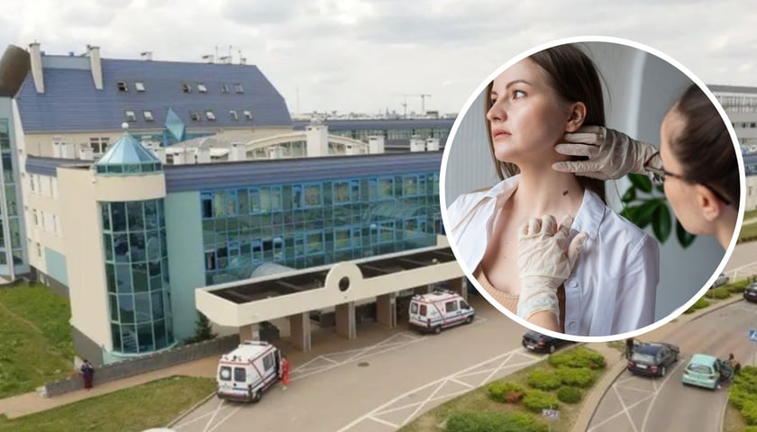 W tle: budynki USK we Wrocławiu; w kółku: lekarz badający pieprzyk na skórze