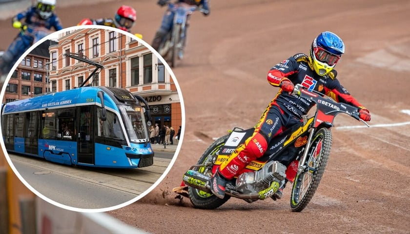 W kółku: tramwaj, w tle: zawodnik żużlowy na torze
