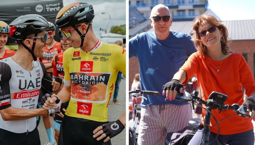 Po lewej: Jonas Vingegaard i Rafał Majka w strojach kolarskich / Po prawej: mężczyzna i kobieta z rowerami