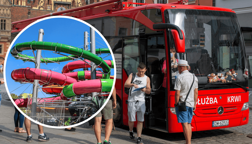 Mobilny punkt oddawania krwi i stojący przed nim ludzie (zdjęcie główne); zjeżdżalnia Wrocławskiego Parku Wodnego (zdjęcie w kółku) - zdjęcie ilustracyjne  