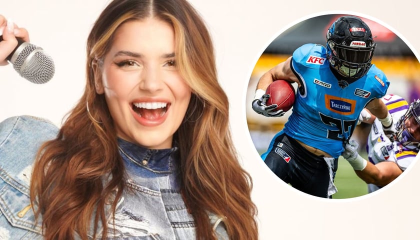 Uśmiechnięta kobieta trzyma w ręku mikrofon. Julia Żugaj koncert na Stadionie Olimpijskim 18 sierpnia, w kółku zawodnik Panthers Wroclaw