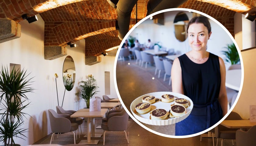 Dolny bar i kawiarnia w Bastionie Sakwowym już otwarte. Tak wyglądają w środku. Na zdjęciu w kółku uśmiechnięta kobieta trzyma tacę z babeczkami