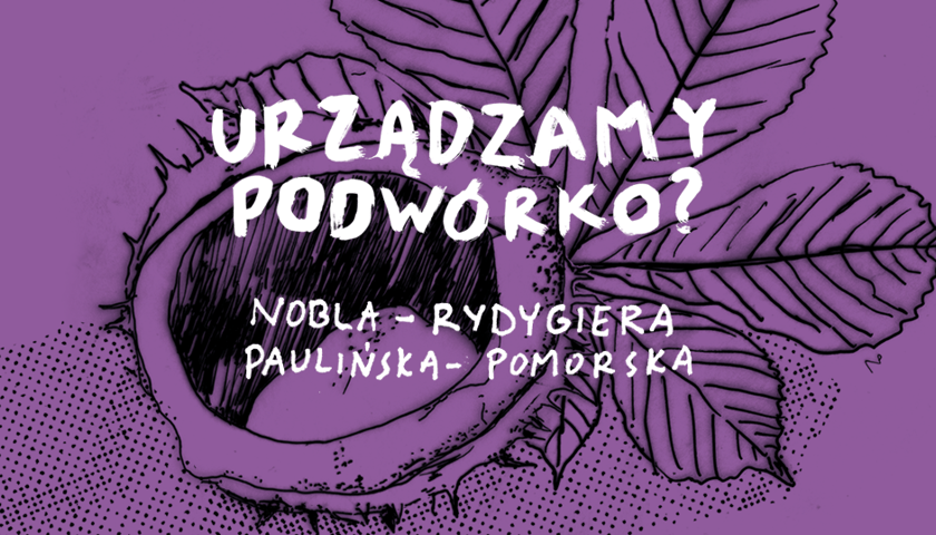Napis: "Urządzamy podwórko? Nobla-Rydygiera-Paulińska-Pomorska". W tle rysunek kasztana w łupinie i liścia kasztanowca.