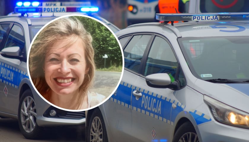 Kobieta w kółku to poszukiwana Izabela Parzyszek, w tle policyjne radiowozy