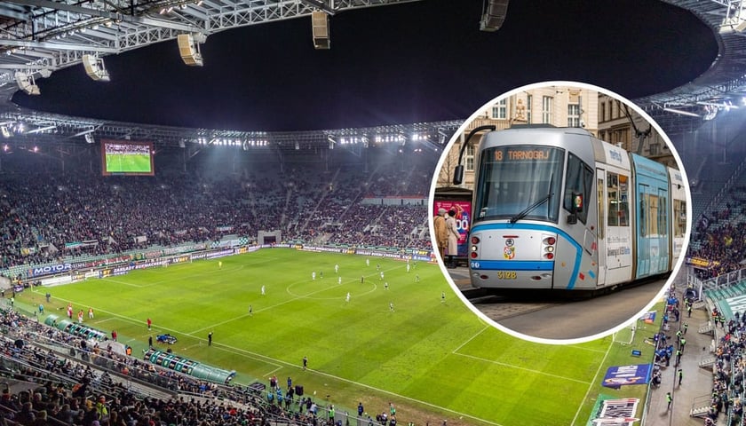 Na mecz Śląska Wrocław można dotrzeć komunikacją specjalną oraz zwykłymi liniami autobusowymi i tramwajowymi. Na zdjęciu stadion, na zdjęciu w kółeczku - tramwaj