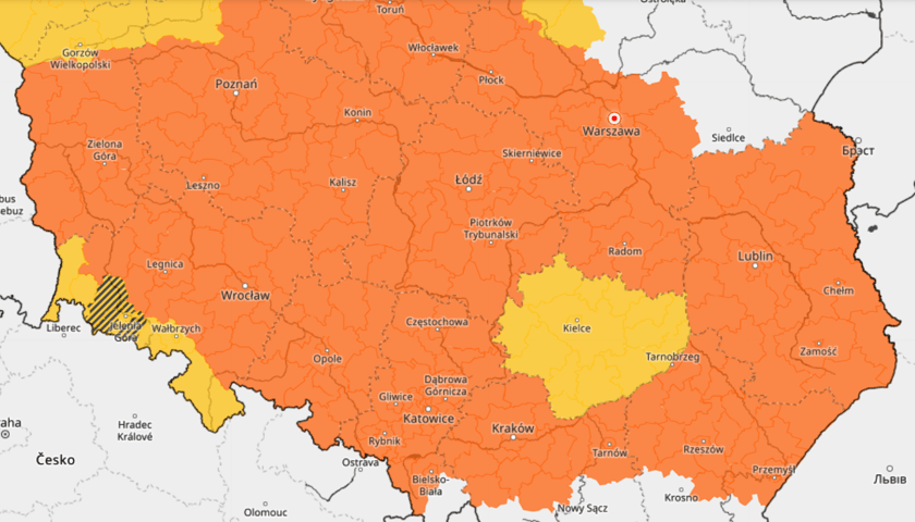 mapa ostrzeżeń meteorologicznych przed upałami obowiązujących od 14 do 17 sierpnia 2024