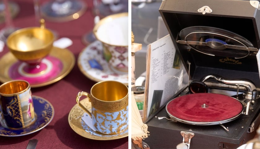 Po lewej: filiżanki, po prawej: gramofon