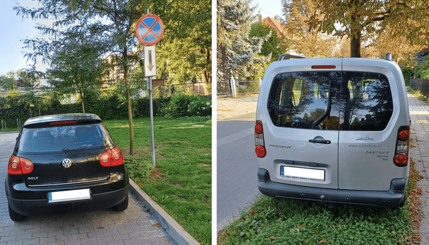Przykłady nieprawidłowego parkowania: mimo zakazu zatrzymywania się oraz na pasie zieleni