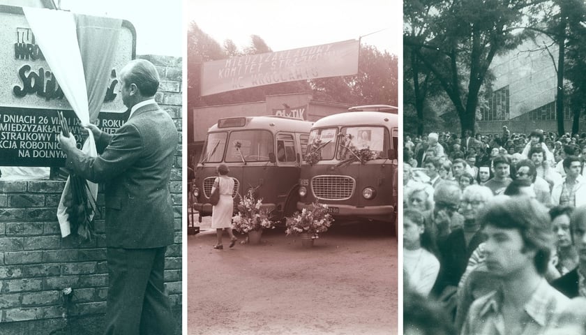 Obchody pierwszej rocznicy strajków sierpniowych. Na zdjęciu Jerzy Piórkowski odsłania tablicę upamiętniającą strajk w sierpniu 1980 r. umieszczoną na terenie zajezdni autobusowej nr VII przy ul. Grabiszyńskiej we Wrocławiu (z lewej), dwa autobusy jelcz 043 w bramie wjazdowej do zajezdni autobusowej nr VII (w środku) oraz uczestnicy mszy św. na terenie zajezdni autobusowej nr VII przy ul. Grabiszy