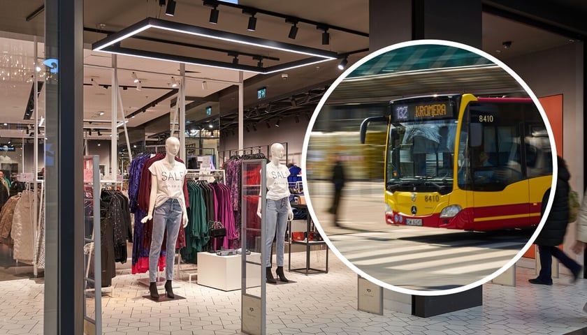 Wejście do sklepu odzieżowego w centrum handlowym (zdjęcie główne); autobus (zdjęcie w kółku) - zdjęcie ilustracyjne