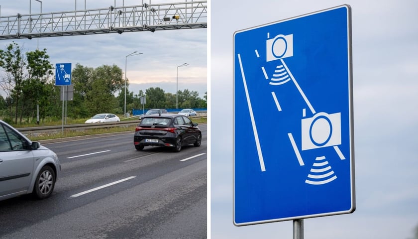 Samochody na drodze. Tablica informująca o odcinkowym pomiarze prędkości. Wkrótce pomiar  prędkości ruszy na AOW