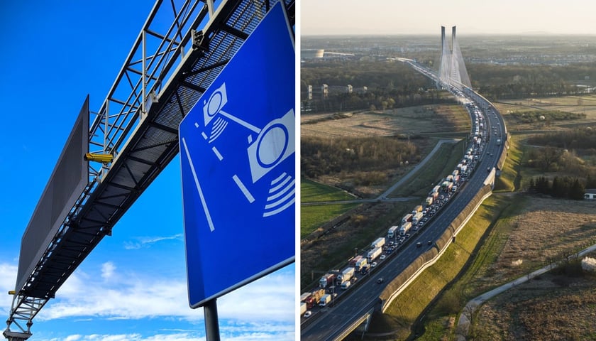 Samochody na AOW, zdjęcie z drona. Tablica informująca o odcinkowym pomiarze prędkości na Autostradowej Obwodnicy Wrocławia. 