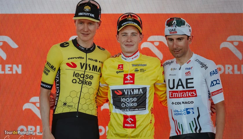 <p>Pierwsza tr&oacute;jka Tour de Pologne 2024, od lewej: Wilco Kelderman (Team Visma | Lease a Bike), Jonas Vingegaard (Team Visma | Lease a Bike), Diego Ulissi (UAE Team Emirates)</p>