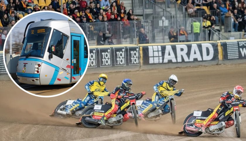 W tle: mecz żużlowy na stadionie, w kółku: tramwaj