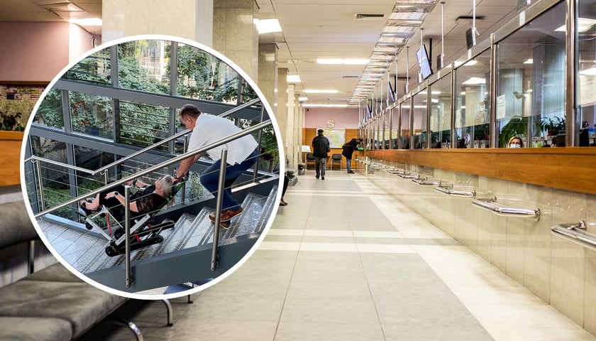 Na zdjęciu widać jedną z sal w Centrum Obsługi Mieszkańca oraz ewakuację osoby za pomocą krzesła ewakuacyjnego.