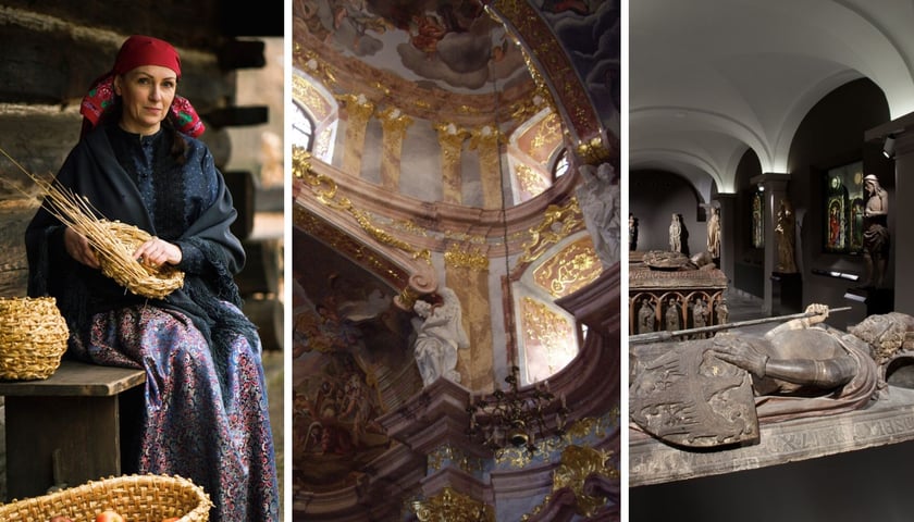 Kolaż trzech zdjęć dotyczących wydarzeń Europejskich Dni Dziedzictwa:  Anna Niedzielska, warsztaty wyplatania koszy ze słomy techniką pętelkową, Muzeum Etnograficzne we Wrocławiu, Kaplica Hochberga we Wrocławiu i Nagrobki Henryka II Pobożnego i Henryka IV Probusa w Muzeum Narodowym we Wrocławiu