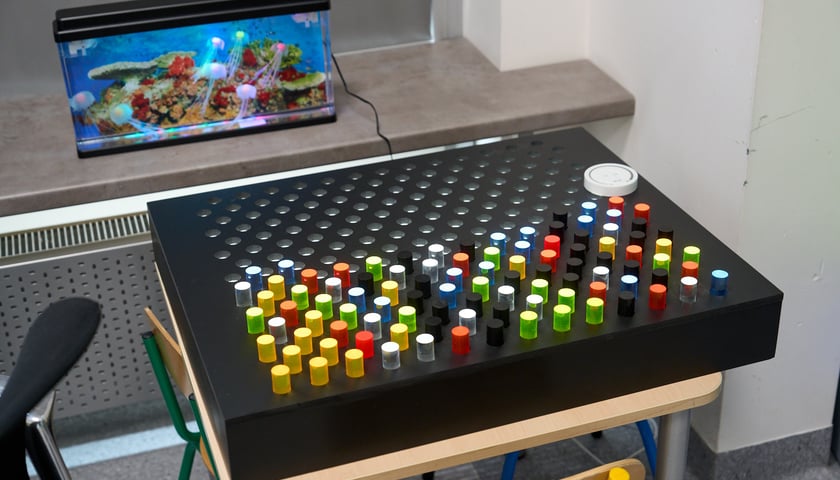 Sala integracji sensorycznej w przedszkolu integracyjnym nr 35 &bdquo;Tęczowy Domek&rdquo; przy ul. gen. K. Pułaskiego prezentowana podczas konferencji zorganizowanej 23 sierpnia z okazji uruchomienia we Wrocławiu 35 nowych sal