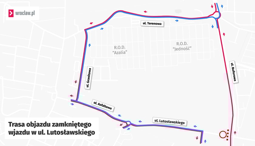 Trasa objazdu zamkniętego wlotu w ul. Lutosławskiego.