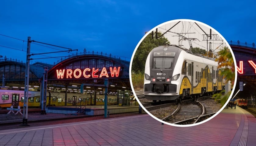 W kółeczku - pociąg KD. W tle - dworzec PKP we Wrocławiu z napisem Wrocław
