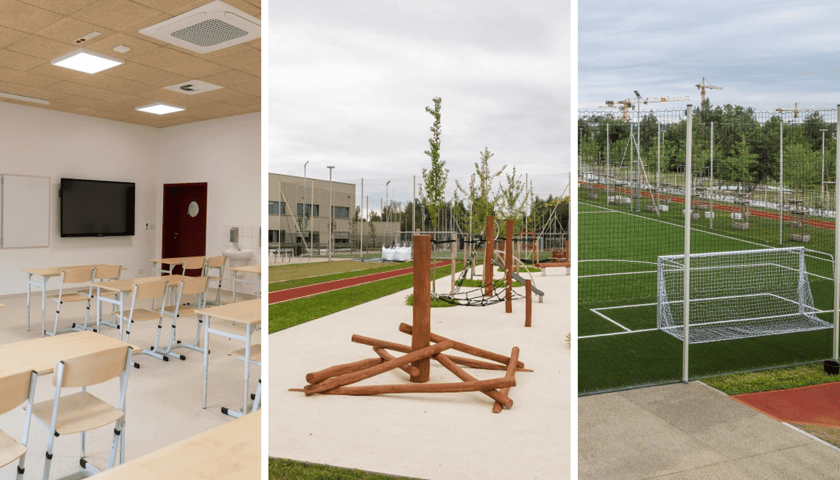 Sala lekcyjna, plac zabaw i boisko sportowe - nowy Zespół Szkolno-Przedszkolny nr 26 przy ul. Cynamonowej 40