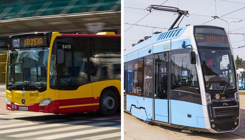 Żółto-czerwony autobus i niebieski tramwaj (zdjęcie ilustracyjne) 
