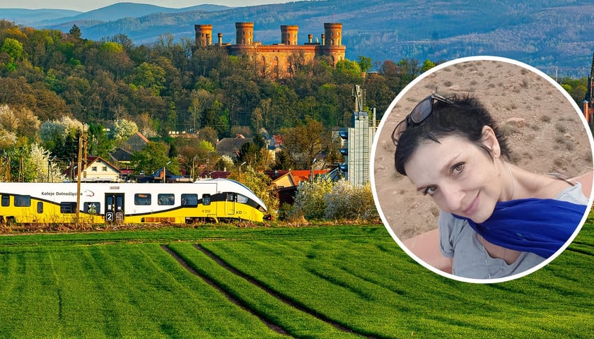 Kolaż dwóch zdjęć. W tle pałac w Kamieńcu Ząbkowickim i pociąg Kolei Dolnośląskich. W kółku Joanna Lamparska.