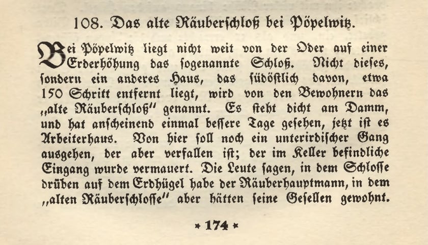 <p>Fragment książki Breslauer Sagen z 1929 roku, opowiadający o "zamku rozb&oacute;jnik&oacute;w" na wzniesieniu nieopodal Popowic.</p>