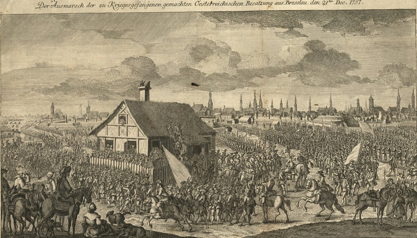 Grudzień 1757 - ewakuacja wojsk austriackich z Wrocławia po ich przegranej bitwie pod Lutynią. Historycznym tłem legendy o Mandubie są wojny o Śląsk między Prusami a Austrią.
