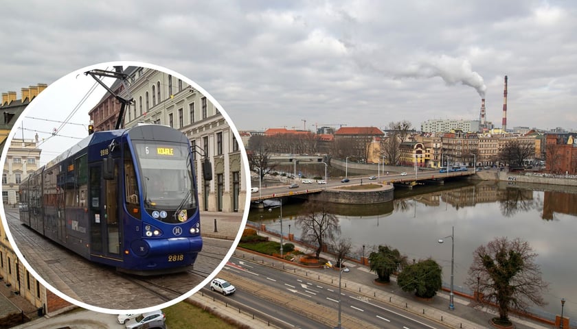 Kolaż dwóch zdjęć. W kółku tramwaj linii 6 we Wrocławiu. W tle widok z drona na ulicę Grodzką.