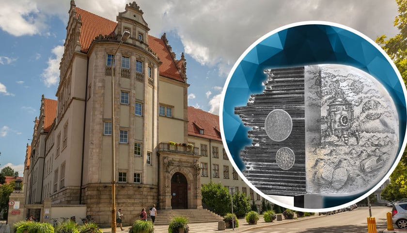 Kolaż dwóch zdjęć. W tle gmach Politechniki Wrocławskiej. W kółku statuetka Europejskiej Nagrody im. Stanisława Lema