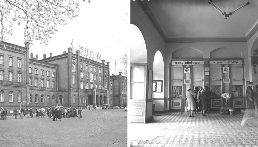 Z prawej budynek frontowy dworca Wrocław Nadodrze w 1980 r. Obok kasy biletowe. Zbiory Wydziału Architektury PWr