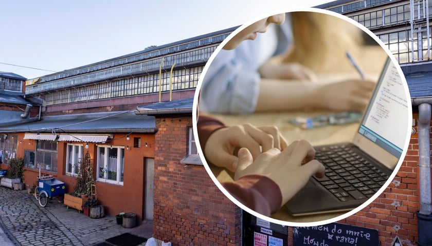 Kolaż dwóch zdjęć. W tle jeden z budynków dawnej zajezdni tramwajowej Dąbie, obecnie Czasoprzestrzeń. W kółku młody człowiek pracujący przy laptopie. Zdjęcia ilustracyjne