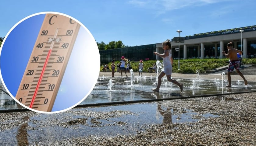 W kółeczku - termometr pokazujący wysoką temperaturę. W zdjęciu głównym dzieci przy fontannie przy Hali Stulecia we Wrocławiu