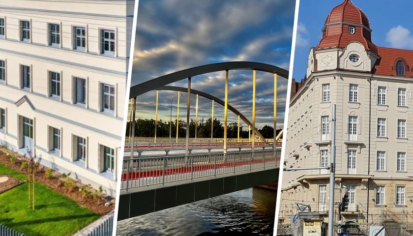Trzy zdjęcia budowli (od lewej): Kokoszka, mosty Chrobrego, dawny hotel Grand