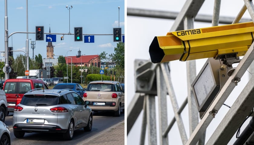 Sygnalizacja świetlna i żółte kamery systemu Canard, samochody na drodze. Skrzyżowanie ul. Na Ostatnim Groszu/ Bystrzycka/ Gądowianka
