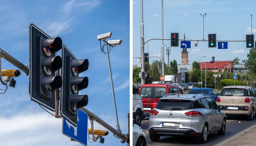 Sygnalizacja świetlna i żółte kamery systemu Canard, samochody na drodze. Skrzyżowanie ul. Na Ostatnim Groszu/ Bystrzycka/ Gądowianka