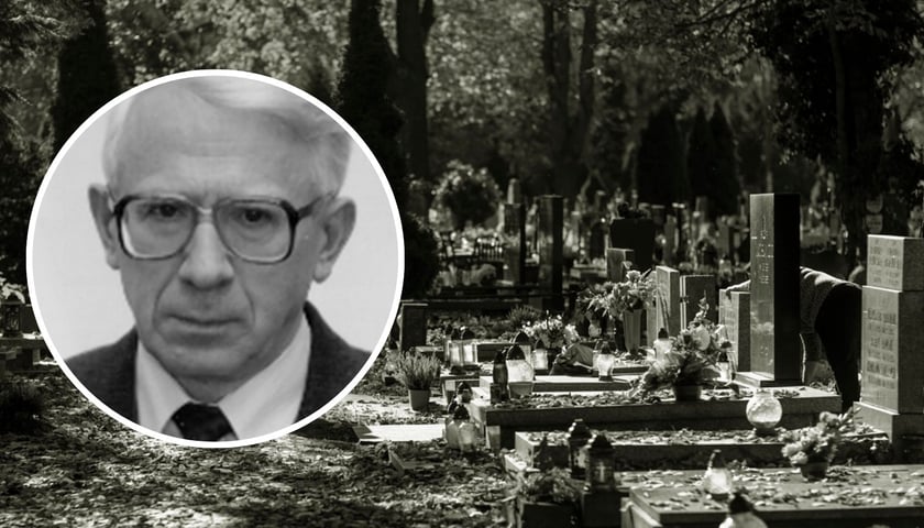 Prof. Kazimierz Działocha, w tle cmentarz