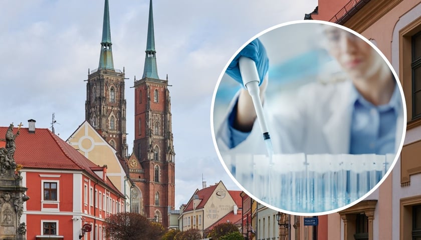 W tle katedra we Wrocławiu, w kółeczku probówki w laboratorium (zdjęcie ilustracyjne)