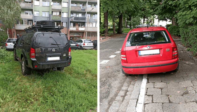 Przykłady niezgodnego z prawem parkowania: na pasie zieleni i na chodniku 