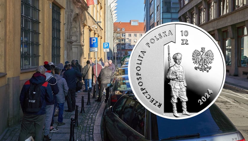W tle: kolejka do NBP we Wrocławiu (zdjęcie ilustracyjne), w kółku: moneta