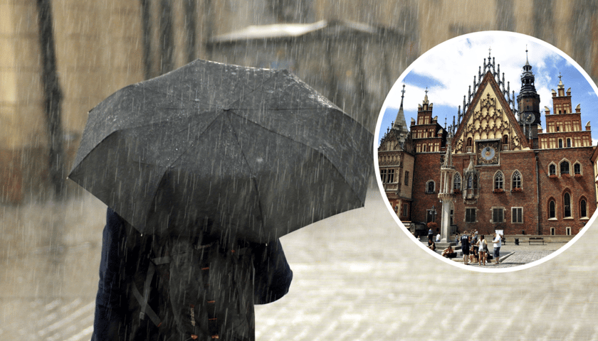 Człowiek z parasolem. Na zdjęciu w kółku - Ratusz we Wrocławiu (budynek)