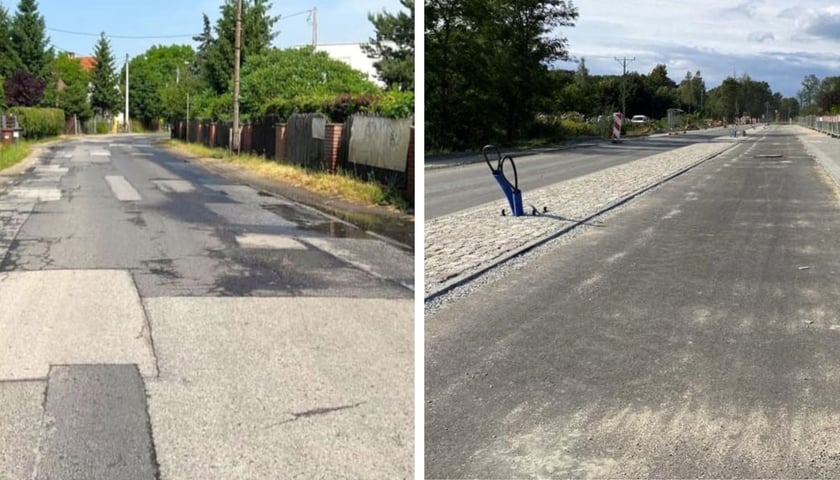 Lewe zdjęcie przedstawia ul. Wilkszyńską przed remontem, prawe  - w trakcie