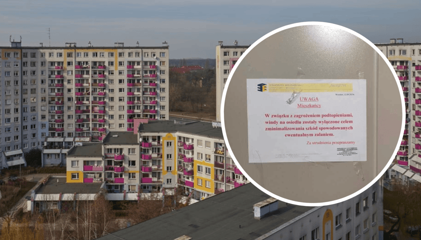 Kolaż 2 zdjęć. W tle panorama Kozanowa, w kółku komunikat na drzwiach windy w bloku na Kozanowie 