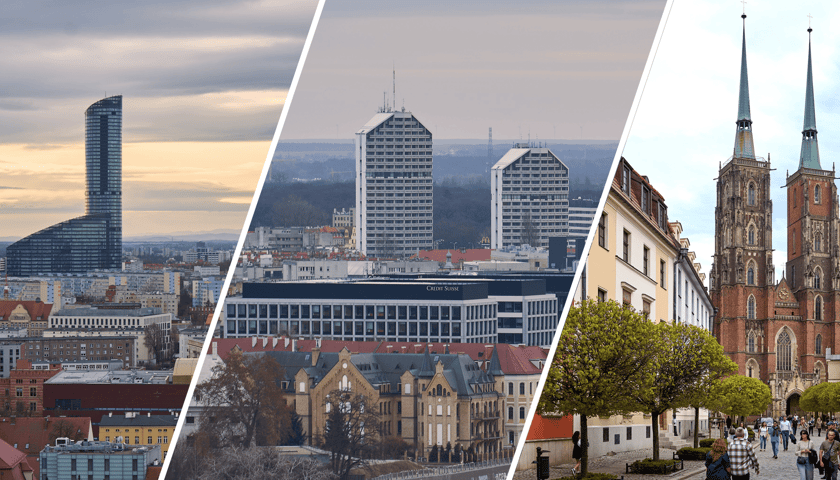 Na zdjęciu kolaż zdjęć, na których widać Sky Tower, Kredkę i Ołówek oraz Katedrę. Sprawdź najwyższe budynki we Wrocławiu!