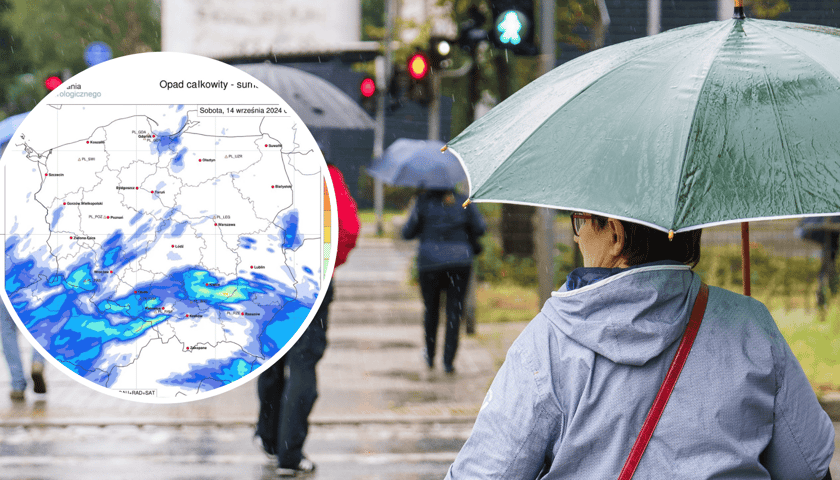 Po prawej stronie kobieta pod parasolem, patrzy w swoją lewą stronę. Na zdjęciu w kółeczku fragment mapy ze strony IMGW pokazujący, gdzie w Polsce są intensywne opady deszczu 