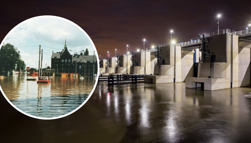 Na dużym zdjęciu zasuwa zbiornika Racibórz Dolny, na małym zdjęciu oowódź we Wrocławiu, pl. Powstańców Wielkopolskich, w głębi szpital MSW