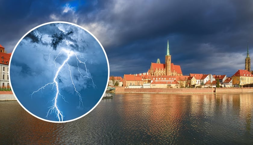 W kółeczku - pioruny. W tle widok na Wrocław