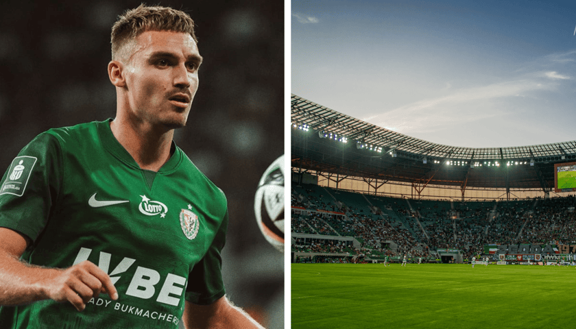 Po lewej piłkarz Śląska Wrocław, po prawej stadion - Tarczyński Arena 