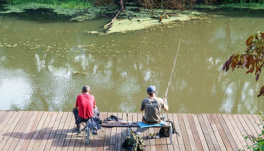 Dwóch wędkarzy siedzących nad brzegiem Oławy 