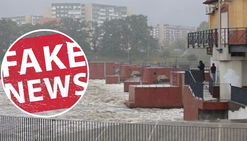 W tle Odra przy jazie Różanka, w kółku napis "fake news". Zdjęcie ilustracyjne